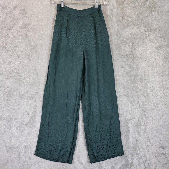 L*SPACE Pants Womens 2 Green Jacquard Leopard Wide Leg High Rise Side Zip Flowy - Picture 1 of 11